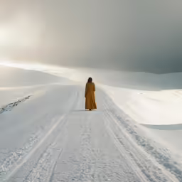 a person in an orange dress standing on a snow covered road