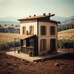 a fake house sitting on top of a red dirt field