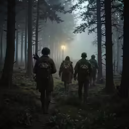 men with camouflage backpacks on walking through a forest