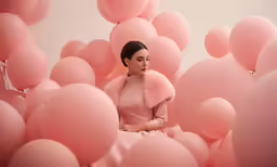 a woman in pink dress standing between balloons