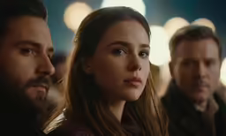 an angry looking woman sitting next to two other men