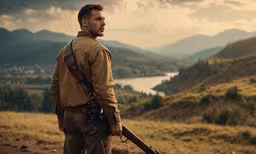 a man in uniform holding a rifle standing on top of a field,a man in an old coat looking at the mountains