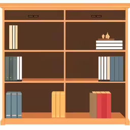 an illustration of books on shelves with a candle,a book case filled with books, some with binders on them
