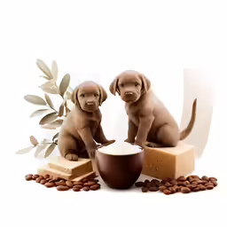 two puppies are sitting on cheese next to coffee