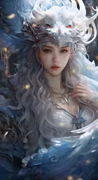 the woman is wearing a white mask and feathers,a white fairy woman in the midst of blue feathers