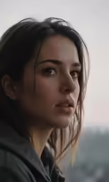 a beautiful woman with long hair standing against a cloudy sky
