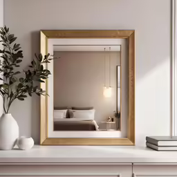 a white and gold mirror and some white vases