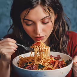 a woman eats from a bowl of spaghetti
