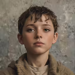 a boy wearing a jacket with a gray wall in the background