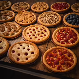 a close up of many pizzas with various toppings