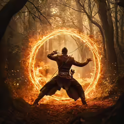 a man holding a sword and standing in front of an orange ring