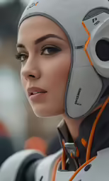 a woman wearing a futuristic grey helmet and orange wire