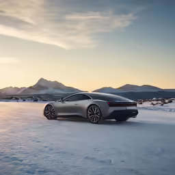 a silver sports car driving in the snow