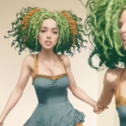 the girl is wearing green hair with gold accents
