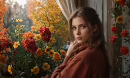 a woman is standing near a window with a plant in front
