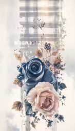 flowers and leaves surround a picture of a digital camera