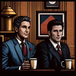 two people in suits sitting at a table