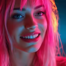 a woman with pink hair and blue eyes smiles at the camera
