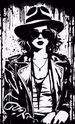 a girl with black hair wearing a hat and jeans,a black and white image of a woman wearing a hat