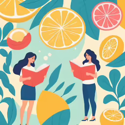 a couple of women standing in front of oranges