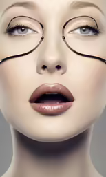 a woman with glasses and eyeliners has her face painted red