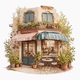 an impressionistic painting shows a cafe in the middle of town