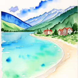 /tmp/FOOYmYKqp.jpg = watercolor painting of houses and mountains on a beach
,/tmp/FOOYmYKqp.jpg = watercolor painting of a house by a lake
,/tmp/FOOYmYKqp.jpg = a painting shows a view of the ocean and a resort on a mountain range in the background
,/tmp/FOOYmYKqp.jpg = painting of the mountains, lake, and houses on the coast
,/tmp/FOOYmYKqp.jpg = a painting of an empty beach with houses near water
,/tmp/FOOYmYKqp.jpg = a painting of a beach and a resort
,/tmp/FOOYmYKqp.jpg = a painting of houses by the beach in the water
