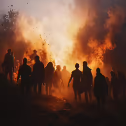 a group of people standing in front of the fire
