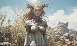a woman in an armor suit in the desert