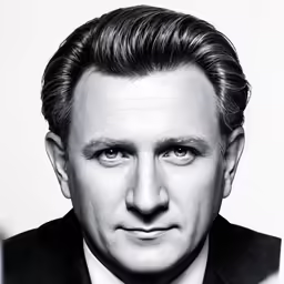 a man in a suit and tie with a black and white photo behind him