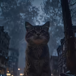 a cat sitting on the street at night