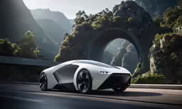 the concept car is driving on a road near a mountain range
