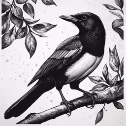 black crow sitting on a branch and eating leaves