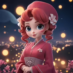 an animated character in pink, with flowers on her hair and hands
