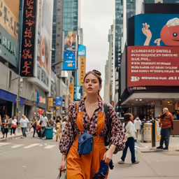 a woman walking down the street in a busy city