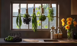 plants and flowers sitting in front of a window
