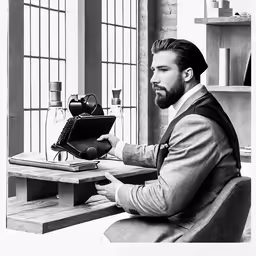 a man sitting at a desk holding up an image of a vase