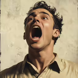 man screaming while looking up while holding something in his mouth