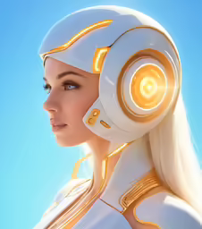 a woman in a futuristic suit, with headphones on