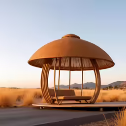 a covered in wood structure near a road and grass