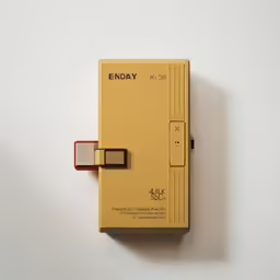 a small yellow box with a red handle next to it