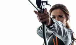 a woman holding a compound handgun aiming with the gun