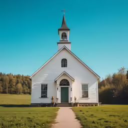 a church with a steeple and a grassy area in front
