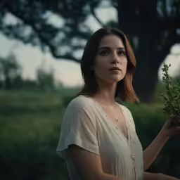 the woman holding the green plant is posing for a photo