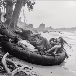 black and white photo of two women laying on a inflatable bed on beach