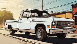 a drawing of a white truck parked on the side of a road,a drawing of a white truck is parked on the side of the street