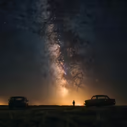 two cars are parked near the stars