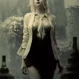 a beautiful blonde woman wearing a skirt and jacket