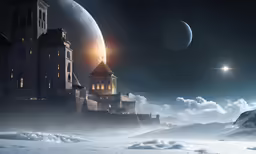 a castle on a snowy mountain with two moon in the background