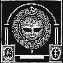 the cover to a black and white album of an ornate design,an antique clock with an image of a woman